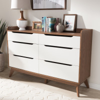 Baxton Studio Brighton-Walnut/White-6DW-Chest Brighton Mid-Century Modern White and Walnut Wood 6-Drawer Storage Dresser